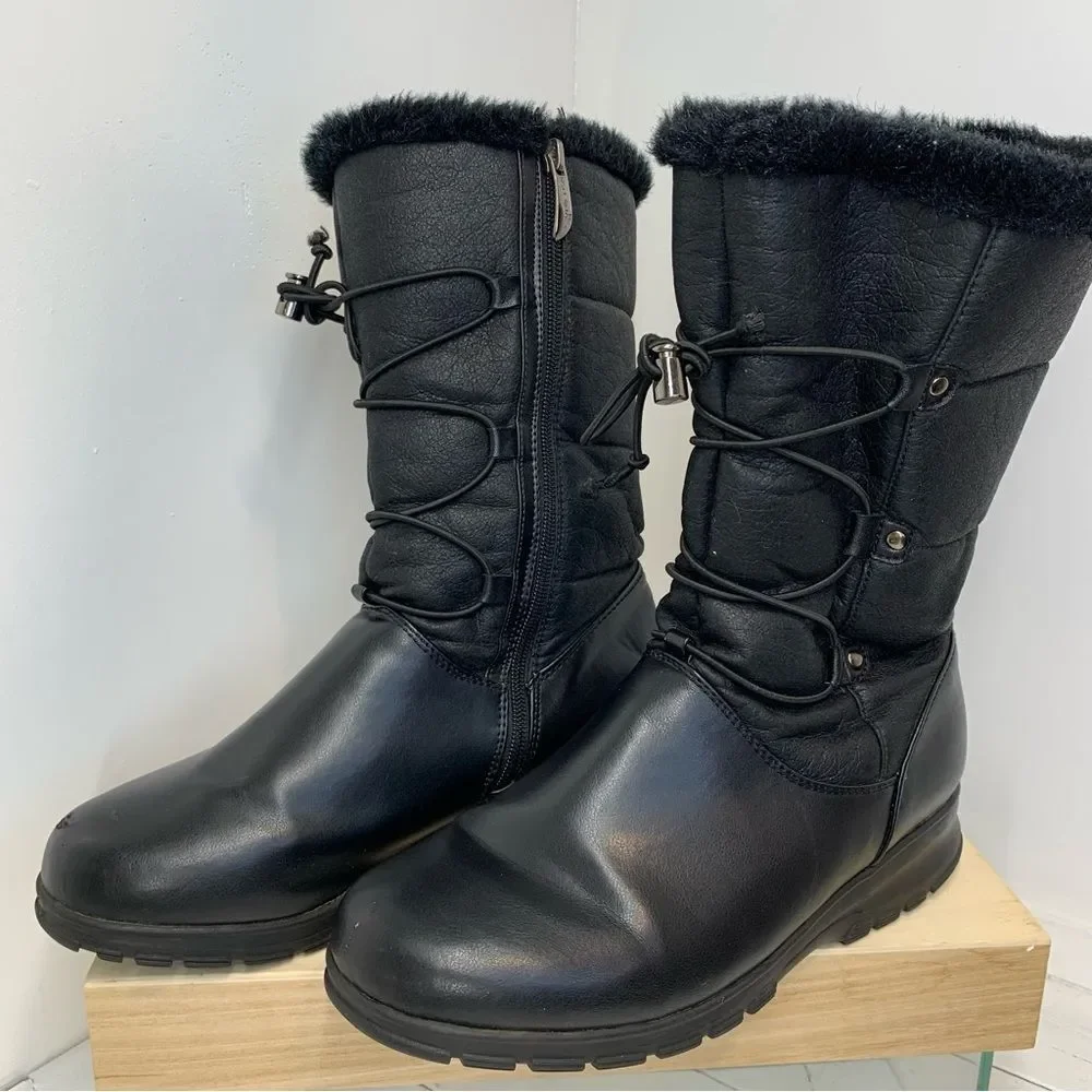 Khombu Bungee Women's Insulated Waterproof Black Leather Boots Size 9